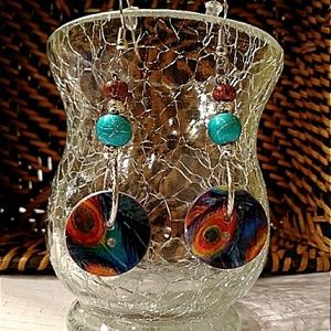 Colorful Peacock Button & Bead Earrings